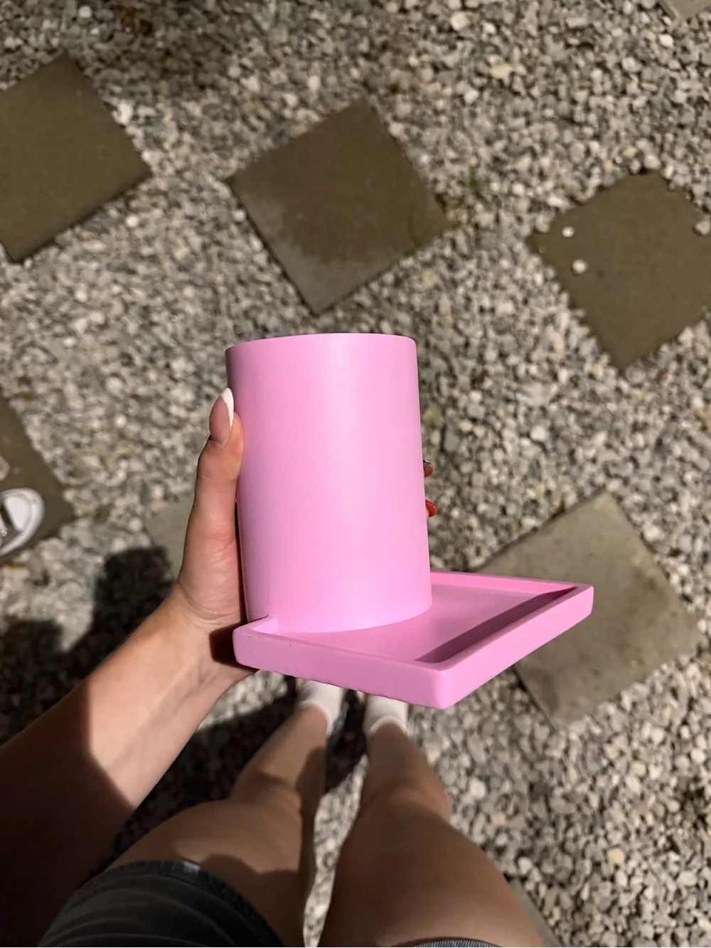 Pink Ceramic Tumbler with Tray